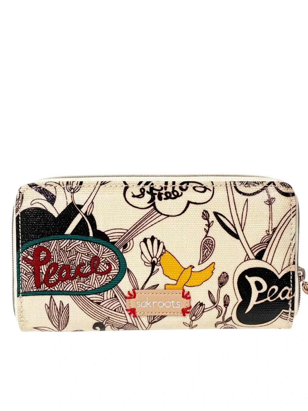 Sakroots Wallet Large Zip Around Canvas Circle Peace Tan Birds Flowers Hippie